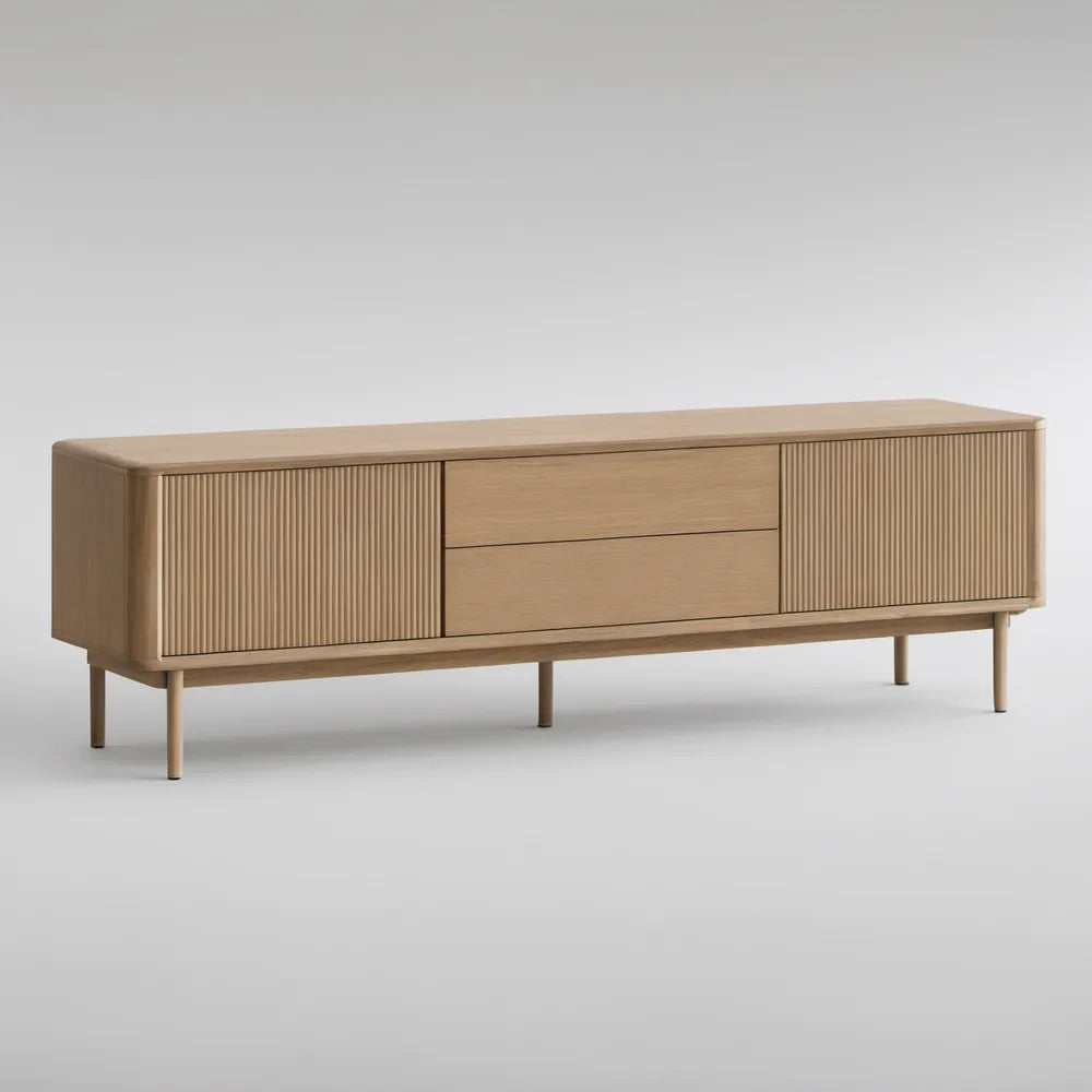 TV stolek z MDF s dubovou dýhou, 2 dvířka a 2 zásuvky, přírodní dub, 180 × 40 × 65 cm