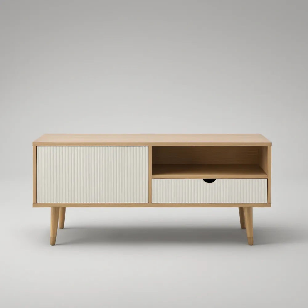 TV stolek se skříňkou, zásuvkou a otevřenou policí, 120 × 40 × 60 cm, přírodní dub/krémová