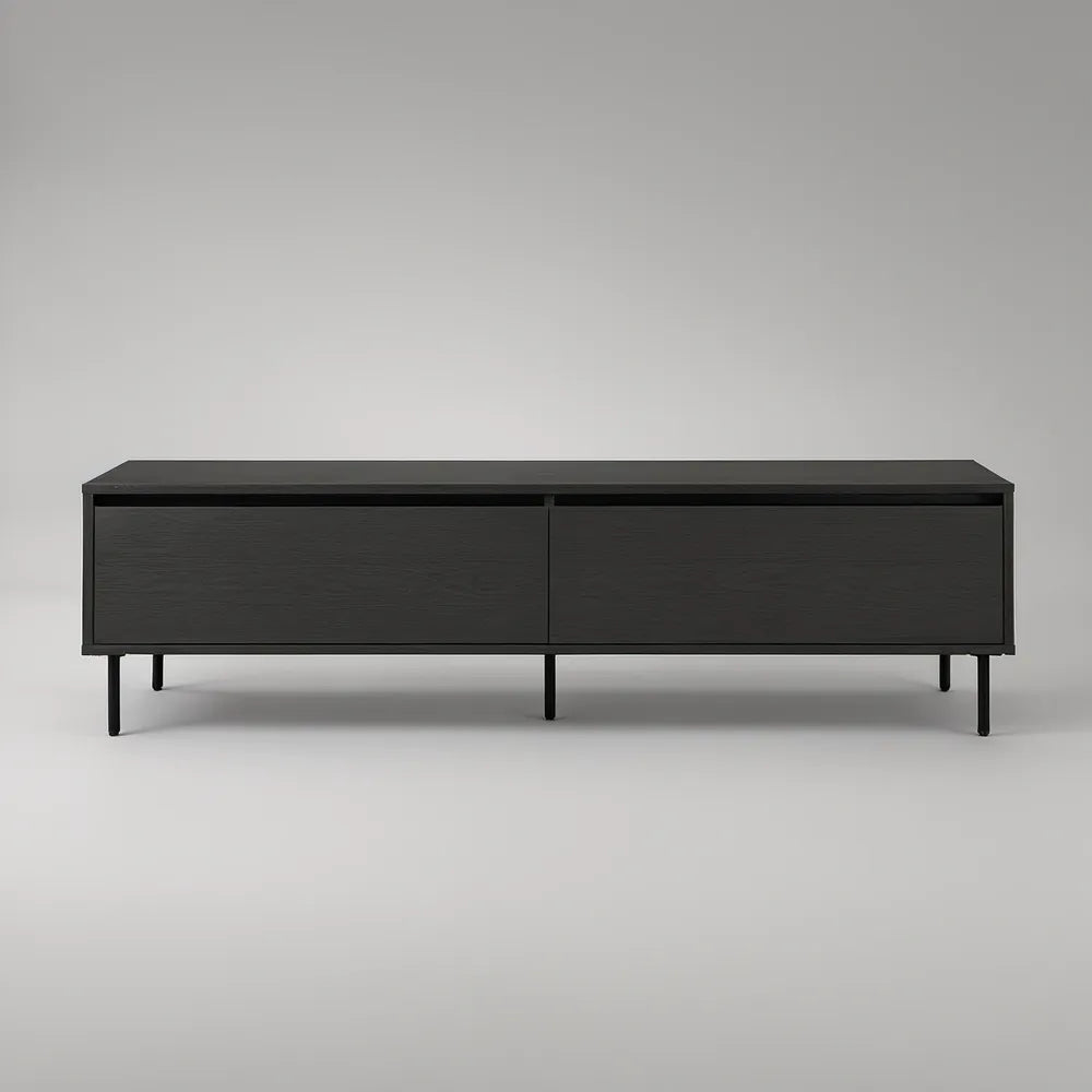 Černý TV stolek se 2 výklopnými dvířky, 180 × 40 × 55 cm, MDF a ocel