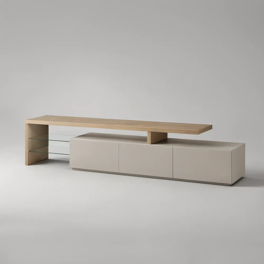 TV stolek s úložnou skříňkou, skleněnými policemi a horní deskou, přírodní dub/béžová/čirá, 200 × 40 × 65 cm